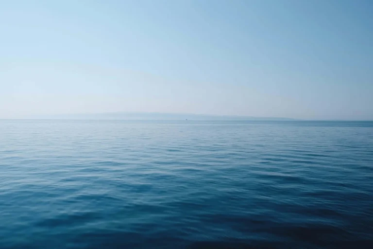 A calm, expansive blue sea under a clear sky with a distant horizon.