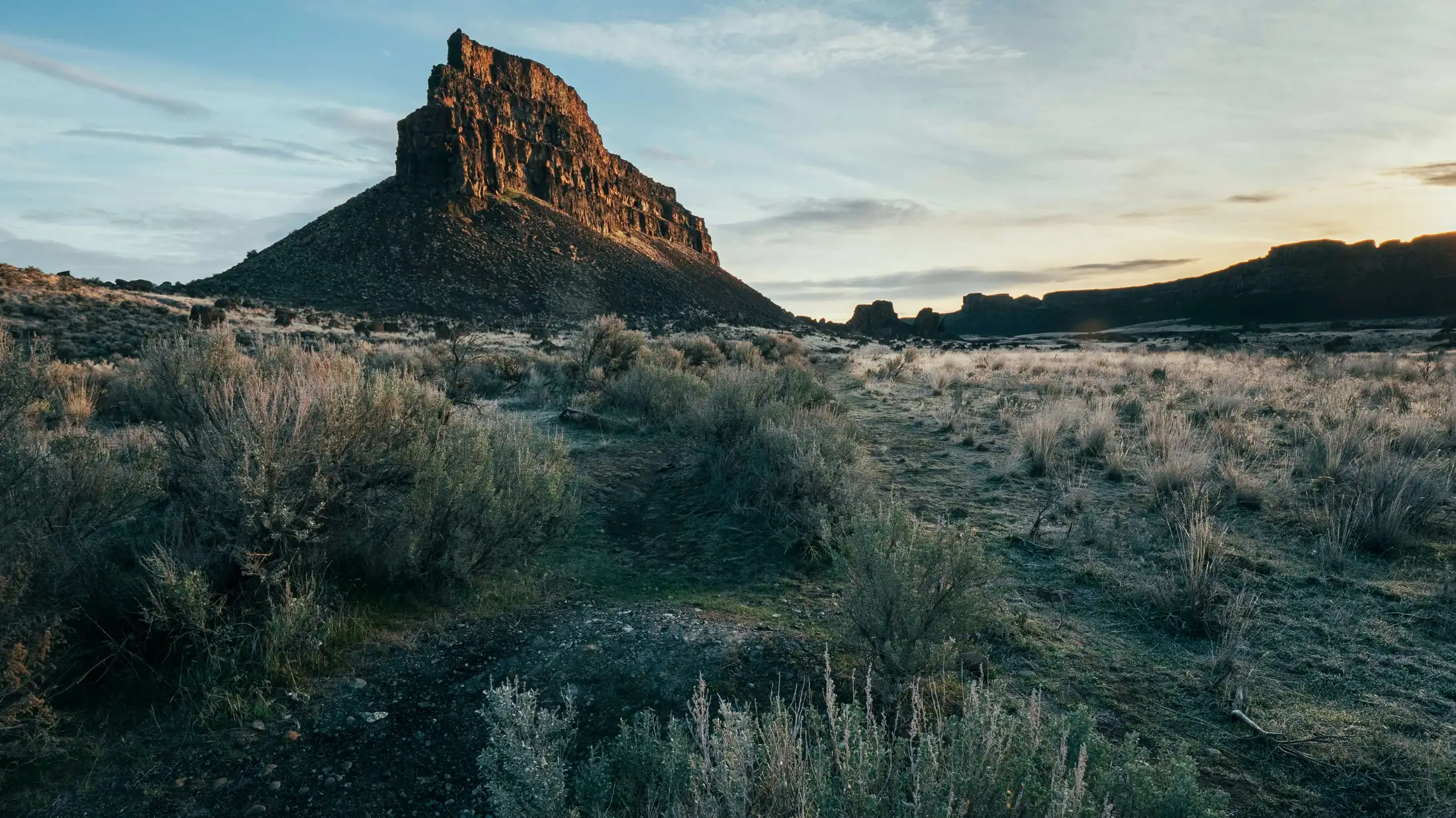 A rugged, rocky butte rises from a flat expanse of sagebrush and grass as the sun casts a golden light over the landscape. Sparse vegetation covers the foreground.