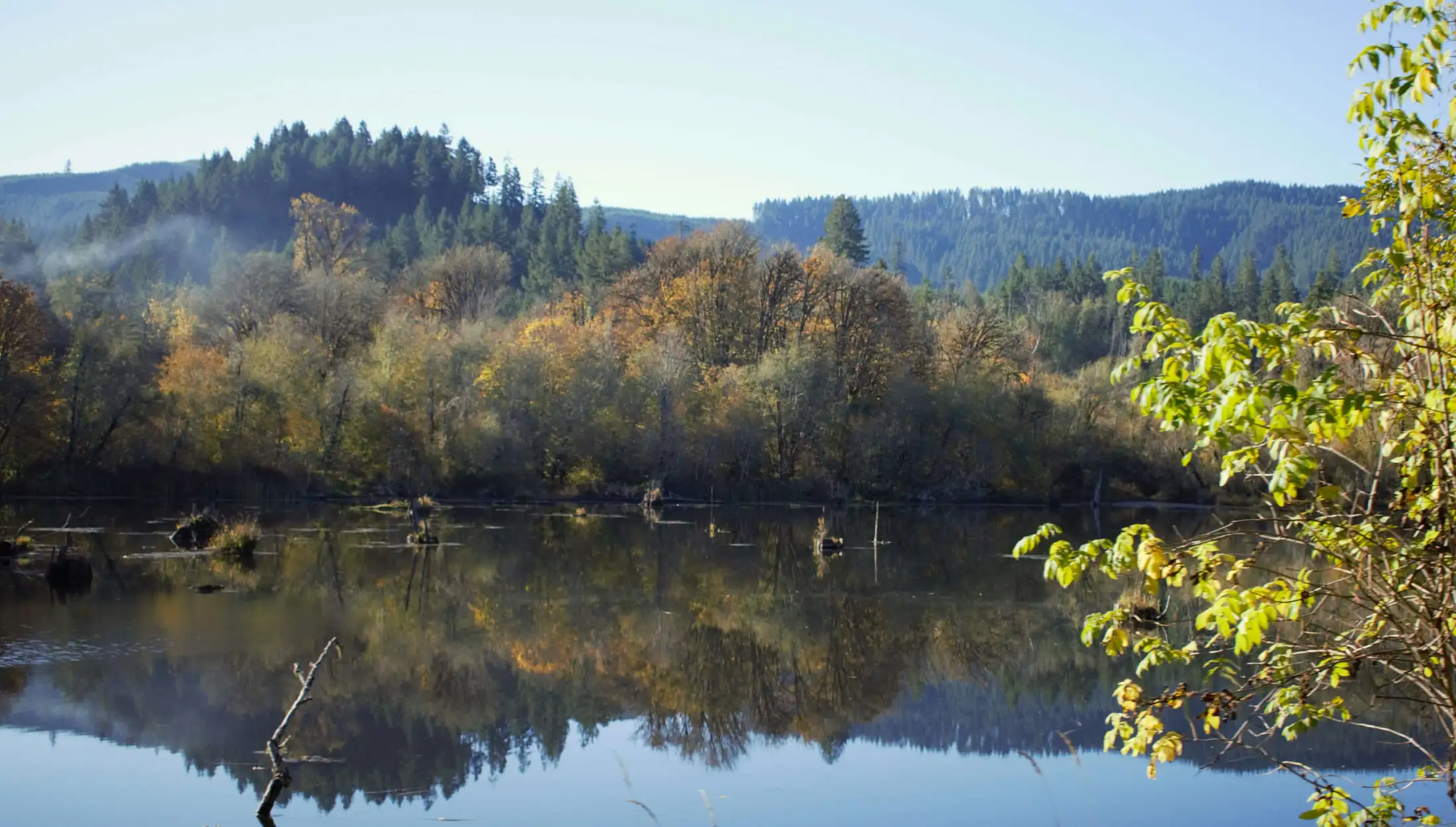 Serene lake reflecting trees with autumn foliage, surrounded by forested hills under a clear blue sky.