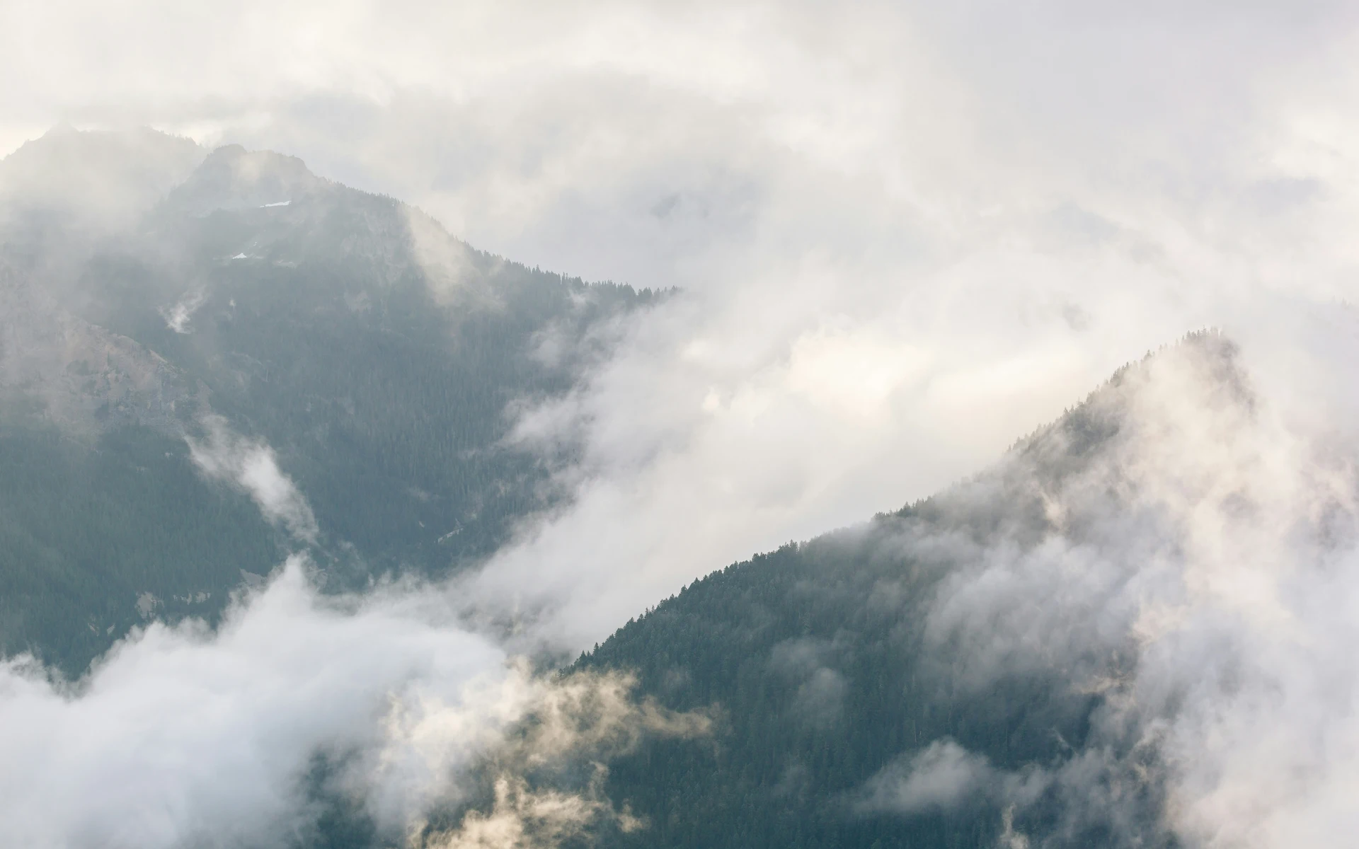 A misty mountain range with peaks partially obscured by clouds, giving a serene and ethereal atmosphere.