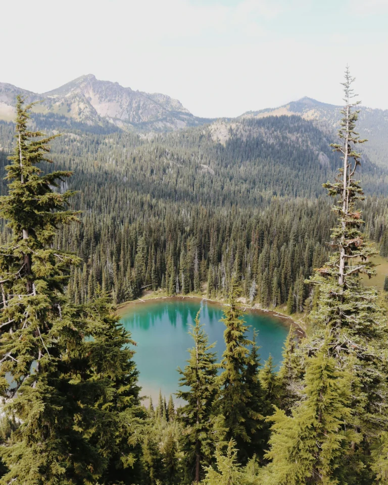 A small, circular lake surrounded by dense evergreen forest with distant mountain peaks under a partly cloudy sky.