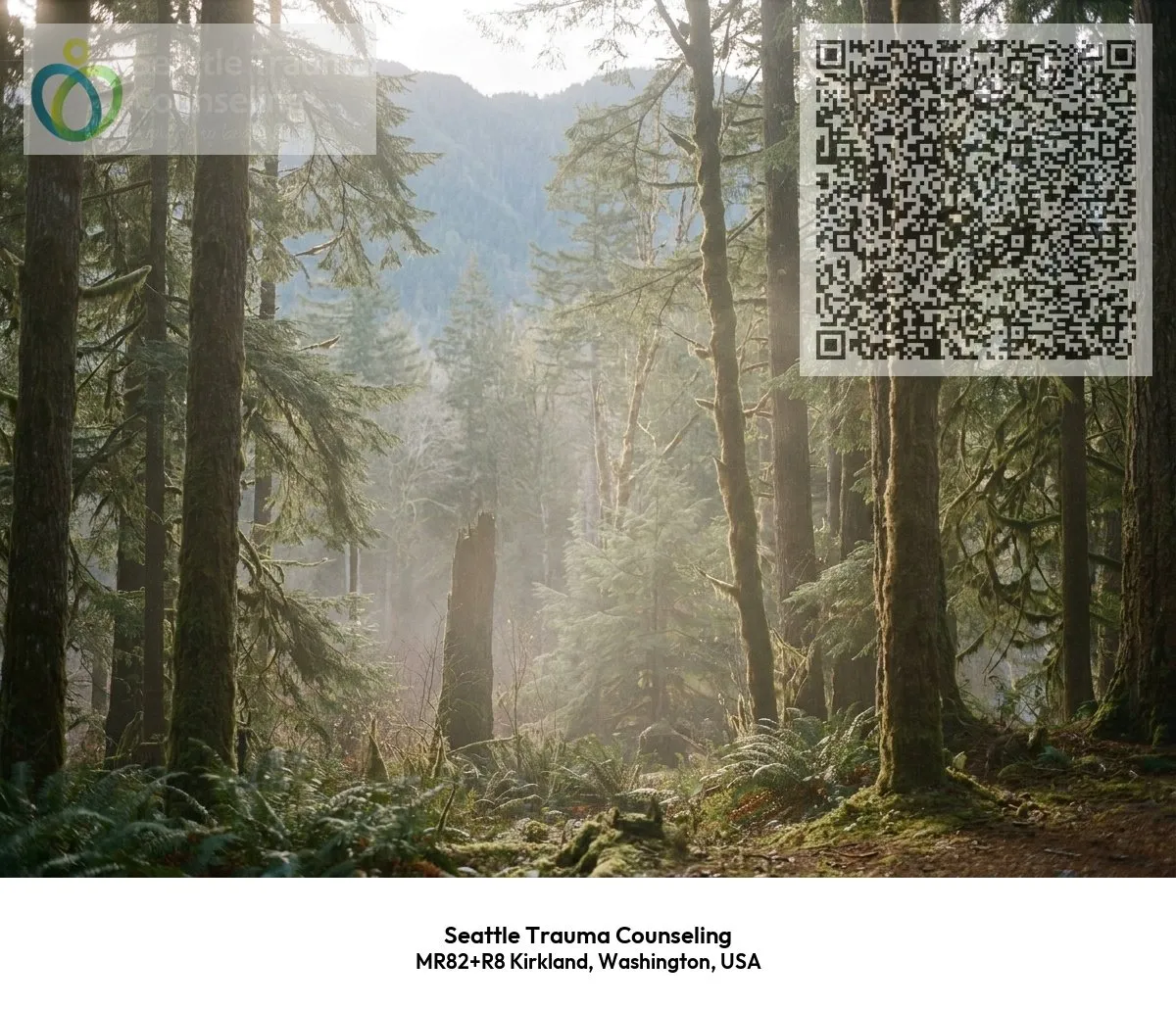Seattle Trauma Counseling logo and QR code, trauma therapy practice in Seattle WA